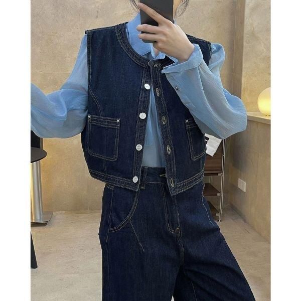 ベスト デニム ノーカラー ステッチ ショート丈 カジュアル