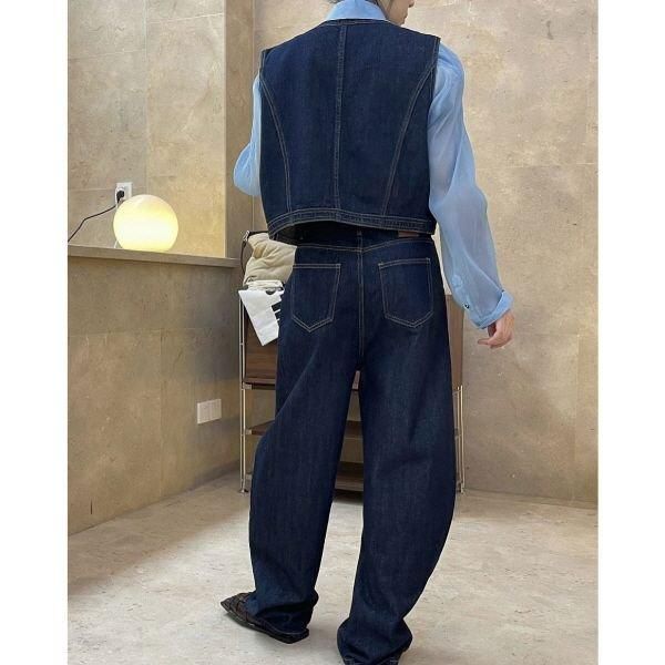 ベスト デニム ノーカラー ステッチ ショート丈 カジュアル