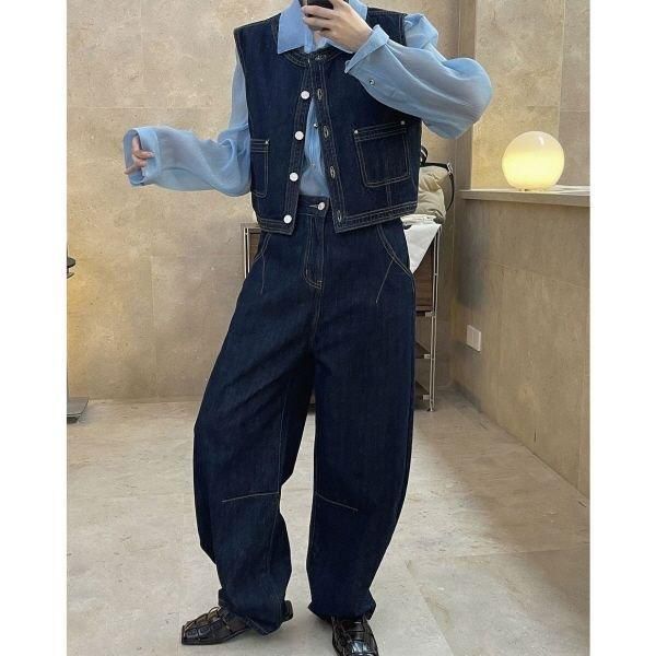 vintage 落書き装飾デニムベスト ベスト デニム ノーカラー ステッチ ショート丈 カジュアル