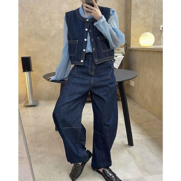 ベスト デニム ノーカラー ステッチ ショート丈 カジュアル