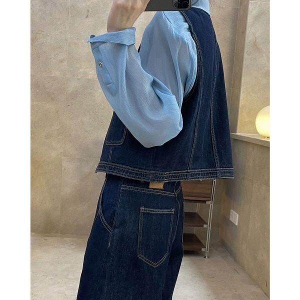 デニムリメイク☆タグチャーム☆アメリカンレトロ•②☆4個セット ベスト デニム ノーカラー ステッチ ショート丈 カジュアル