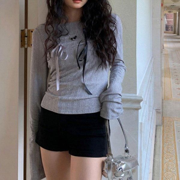 カットソー ロンT リボン 長袖 ラメ ボートネック ストライプ