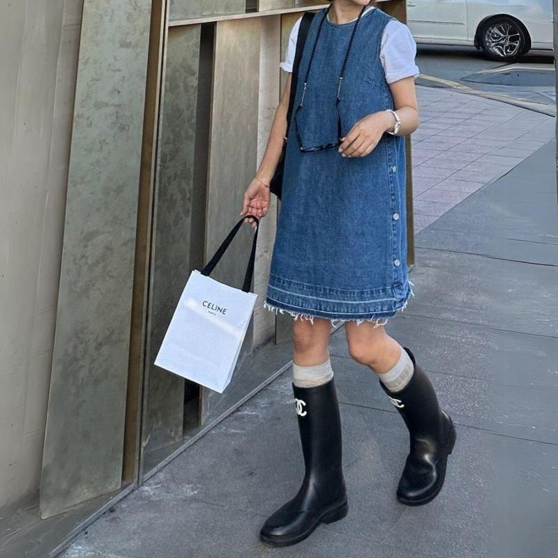 デニムワンピース | Aライン サイドボタン フリンジ | ひざ丈