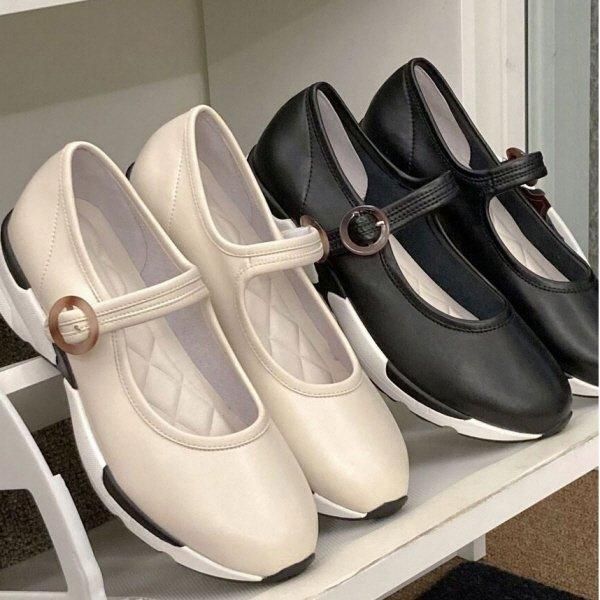 バレエシューズ フラットシューズ ストラップ バックル レザー