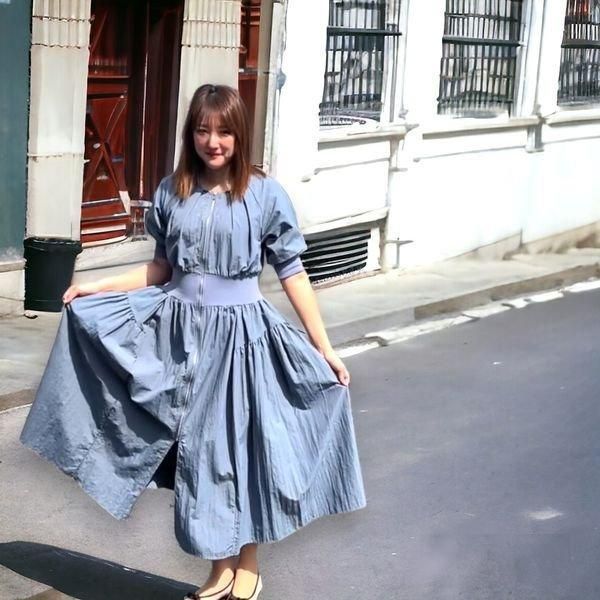 ワンピース フロントジッパー 5分袖 ナイロン ウエストライン