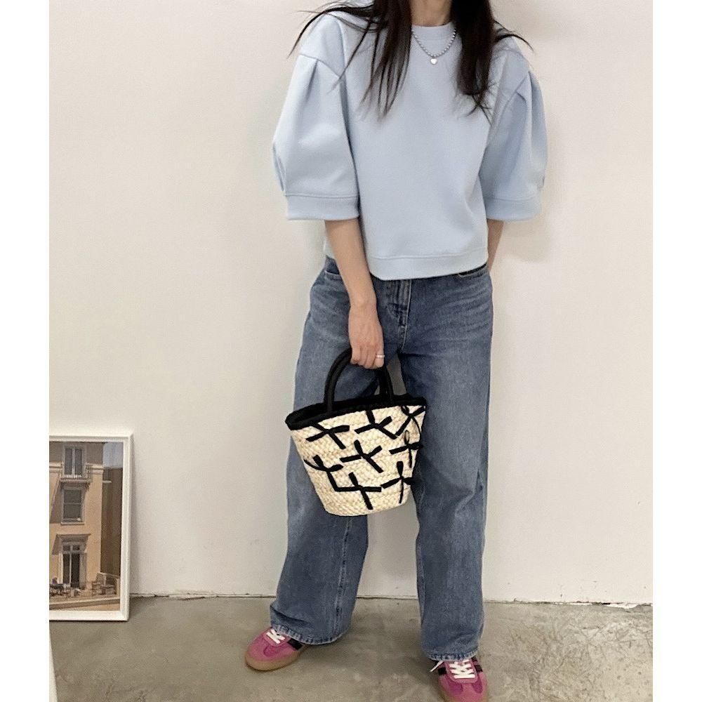 半袖 スウェット ショート丈 ラウンドネック バルーンスリーブ