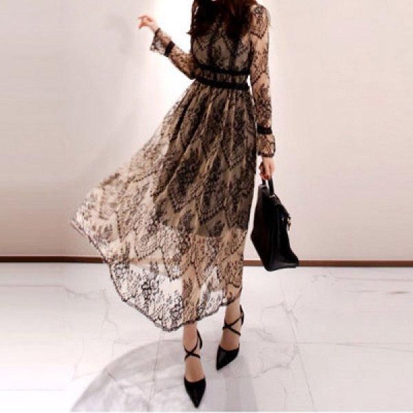 ラピーヌ　ロングドレス　ブラック　シアー　花柄レース　長袖 Lace Ladies ドレス 花柄総レースロング丈フレアワンピース