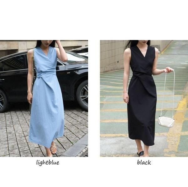ワンピース ノースリーブ カシュクール リボン ロング Vネック A ワンピース ノースリーブ カシュクール リボン ロング Vネック A