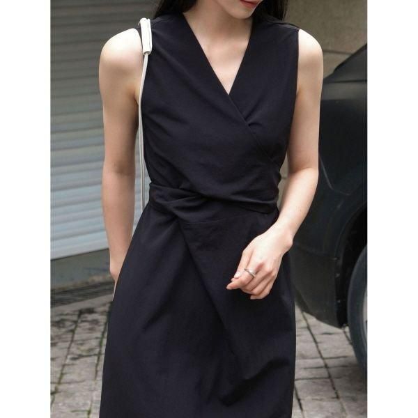 ワンピース ノースリーブ カシュクール リボン ロング Vネック A ワンピース ノースリーブ カシュクール リボン ロング Vネック A