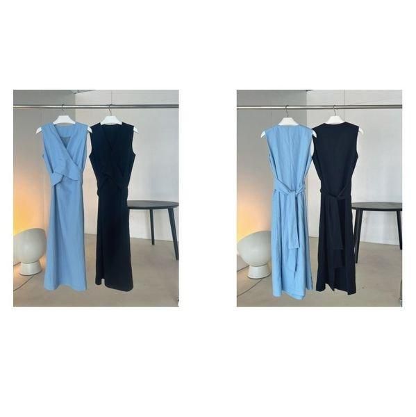 ワンピース ノースリーブ カシュクール リボン ロング Vネック A ワンピース ノースリーブ カシュクール リボン ロング Vネック A
