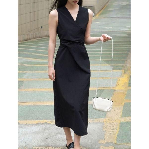 ワンピース ノースリーブ カシュクール リボン ロング Vネック A ワンピース ノースリーブ カシュクール リボン ロング Vネック A