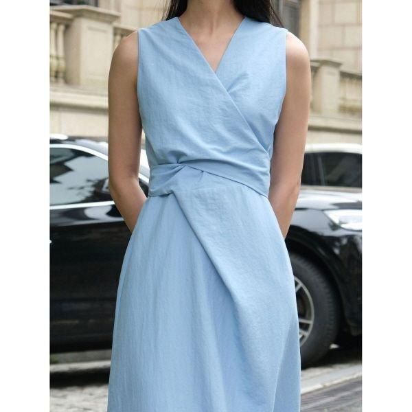 ワンピース ノースリーブ カシュクール リボン ロング Vネック A ワンピース ノースリーブ カシュクール リボン ロング Vネック A