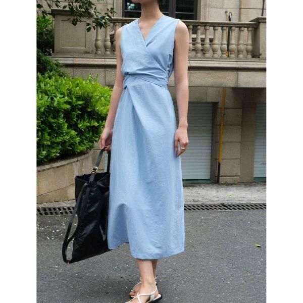 ワンピース ノースリーブ カシュクール リボン ロング Vネック A ワンピース ノースリーブ カシュクール リボン ロング Vネック A