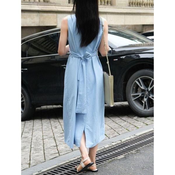 ワンピース ノースリーブ カシュクール リボン ロング Vネック A ワンピース ノースリーブ カシュクール リボン ロング Vネック A
