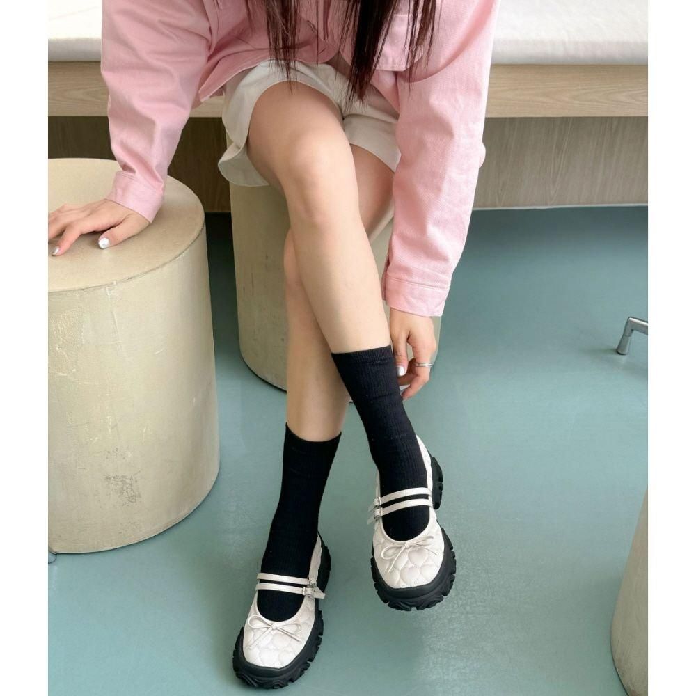 厚底シューズ キルティング リボン ストラップ バレエシューズ
