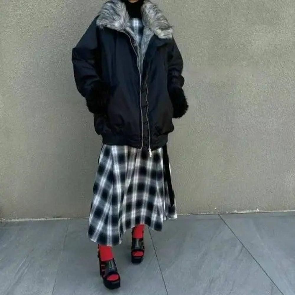 ワンピース チェック柄 ノースリーブ ベルベット サイド