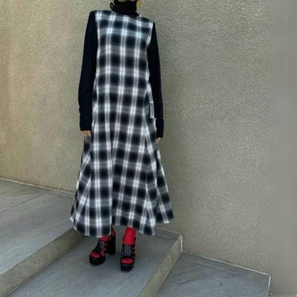 ワンピース チェック柄 ノースリーブ ベルベット サイド