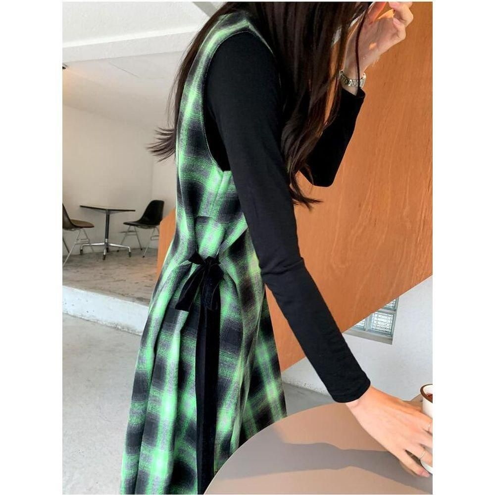 ワンピース チェック柄 ノースリーブ ベルベット サイド