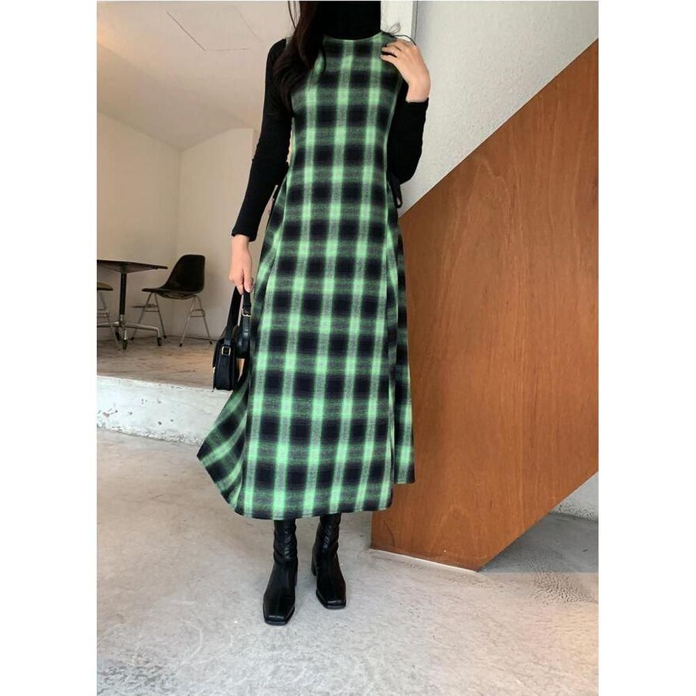 ワンピース チェック柄 ノースリーブ ベルベット サイド