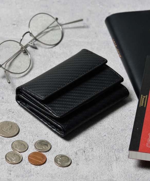 【新品・未使用】本革三つ折りミニ財布　カーボンブラック