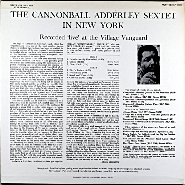 THE CANNONBALL ADDERLEY SEXTET IN NEW YORK (OJC盤） - JAZZCAT-RECORD