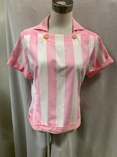50s 切替　ピーターパンシャツ　ピンク　白　ストライプ　プルオーバーシャツ　ヴィンテージ　1950年代 - 古着屋サマンサ