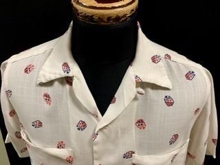 50s 総柄 レーヨンシャツ アトミック柄 赤青白 ヴィンテージ 50s 総柄 レーヨンシャツ アトミック柄 赤青白 ヴィンテージ