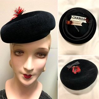 50s 羽根 ベレー帽 黒 ヴィンテージ 帽子 ハット 1950年代 イタリア製