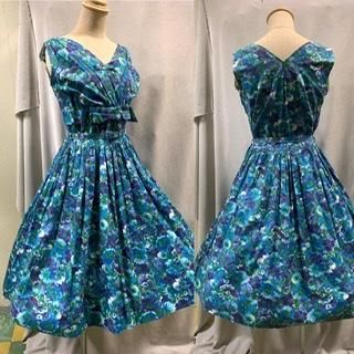 【激安通販 オンラインショップ】日用品 ベルトつき 50s ブルー 1950年代 ヴィンテージ ドレス 青 ワンピース