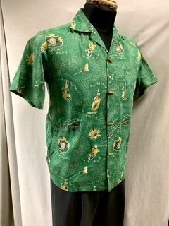 50s 紙タグつき バンブーボタン ハワイアンシャツ 竹ボタン made in