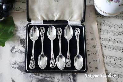 純銀製 1889年 ロンドン製 ピアス細工 天使紋 ティースプーン6本
