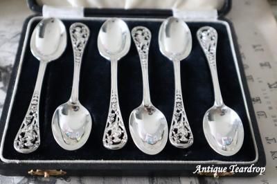 純銀製 1889年 ロンドン製 ピアス細工 天使紋 ティースプーン6本