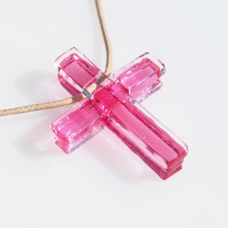 十字架ガラス『クロス【ピンク】』ネックレス【紐の色、長さ選べます】【太チェーン選べます】【受注制作】