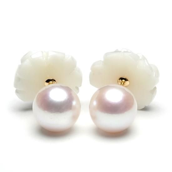 白珊瑚 薔薇 アコヤ真珠 K18 スタッドピアス - 宝石珊瑚の卸屋【暁