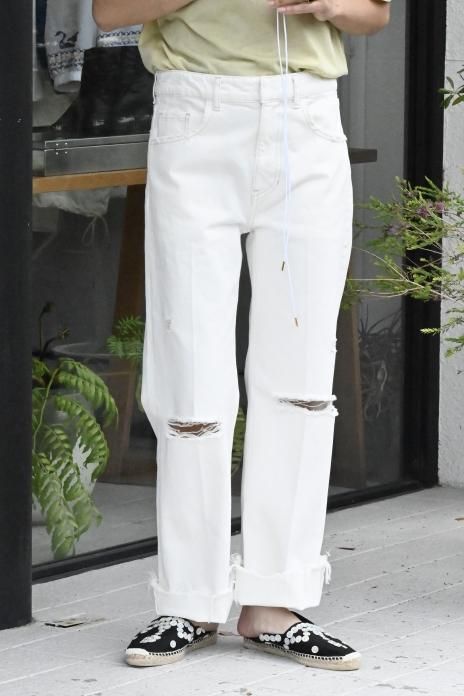 CURRENTAGE / Crushed Denim Straight Pants - White