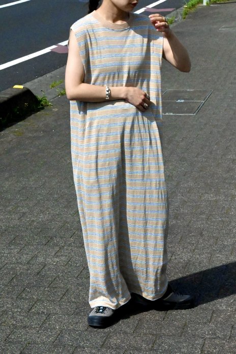 unfil / Hemp Striped Jersey Sleeveles T-dress - Beige Stripe