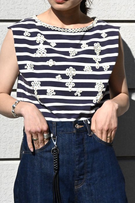 CURRENTAGE / Pearly King & Queens Sleeveless Shirt - Navy  White