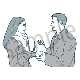 プレゼントを渡すカップル　イラスト(女性、男性、夫婦、セール、量販店、初売り、ショッピング、買い物)