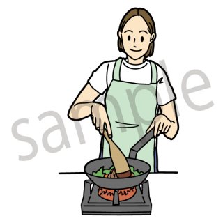 料理をする女性　イラスト(フライパンを持つ女性、趣味、朝食、夕食)