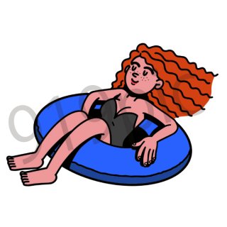 浮き輪に乗る女性 イラスト(夏、海、ビキニ、水着、夏休み、海水浴、旅行、休暇)