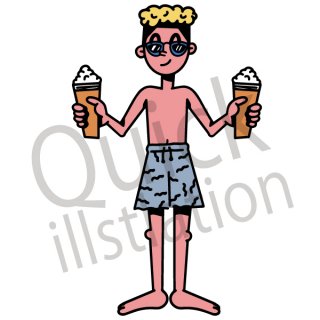 水着を着た男性 イラスト(海、海水浴、夏、夏休み、水着、海パン、ビール)