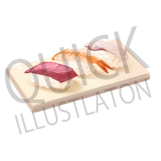 寿司三貫　イラスト(鮪、マグロ、まぐろ、えび、エビ、海老、はまち、鰤、ブリ、ぶり、鮨、すし、スシ)