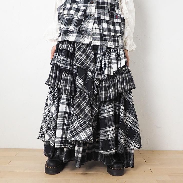 エルロデオ ロングスカート ネル素材 チェック柄ランダムフリルロングスカート - エルロデオ