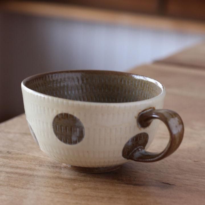 小石原焼き 翁明窯元 手付スープカップ 水玉 白釉 - 作家ものの 小石原焼き 翁明窯元 手付スープカップ 水玉 白釉 - 作家ものの
