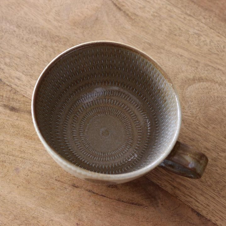小石原焼き 翁明窯元 手付スープカップ 水玉 白釉 - 作家ものの 小石原焼き 翁明窯元 手付スープカップ 水玉 白釉 - 作家ものの