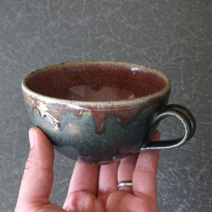 陶工房もちの木 亀井紀子 紅彩 ラテカップ＆ソーサー(ツートン) - 作家