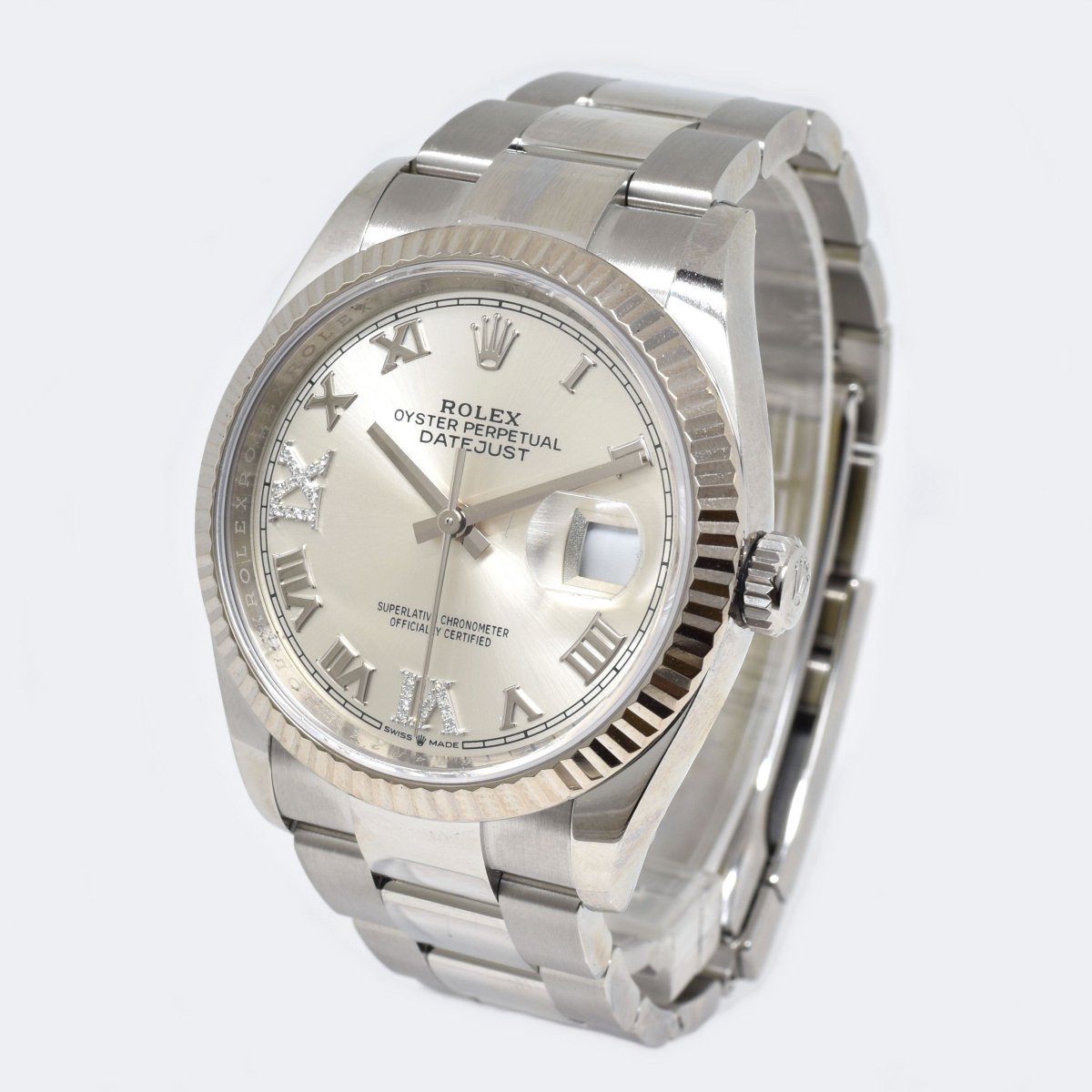 ロレックス デイトジャスト36 126234 ダイヤ　★腕時計 自動巻き ROLEX DATEJUST 3列ベルト K18WG/SS ステンレス  ホワイトゴールド シルバー ローマンインデックス