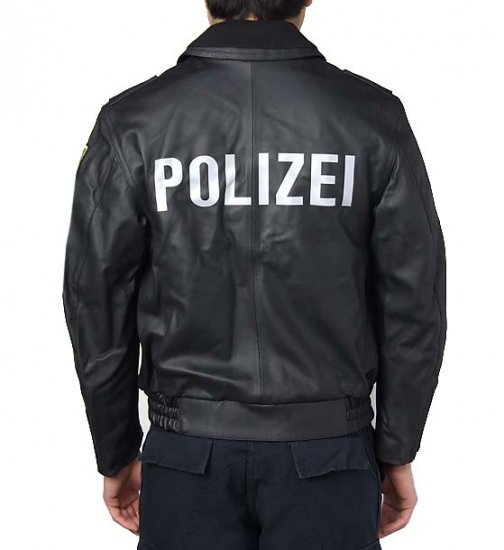 ドイツ警察 POLIZEI スラントポケット レザージャケット プリント付