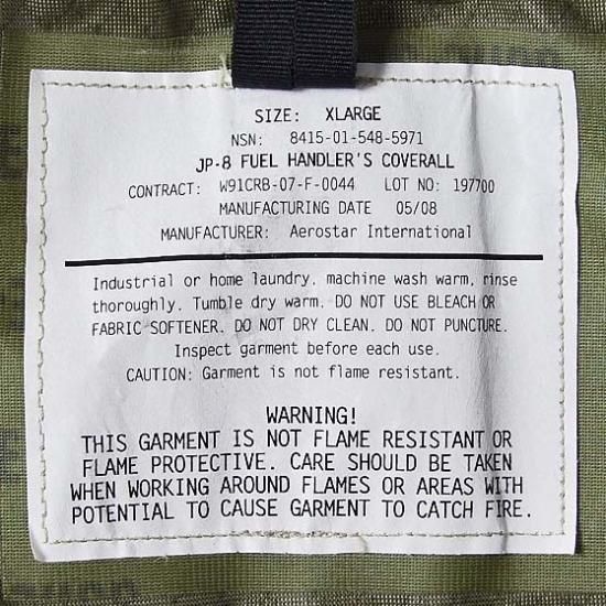 アメリカ軍 カーキ GORE-TEX JP-8 FUEL ハンドラー カバーオール アメリカ軍 カーキ GORE-TEX JP-8 FUEL ハンドラー カバーオール