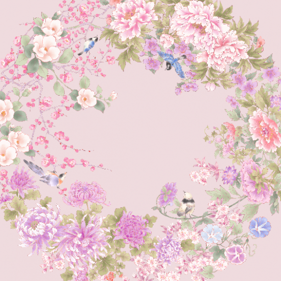 Hana宴 シルクスカーフ 花と鳥 うすピンク